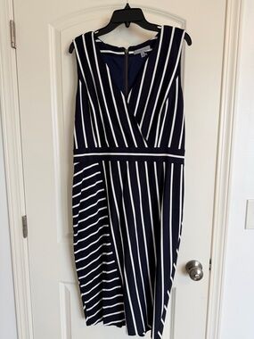 Classiques Entier Navy and White Striped Ponte Faux Wrap Midi Dress